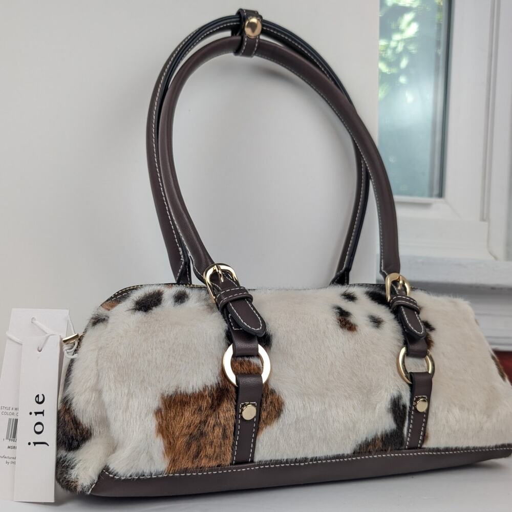 Joie Cow-Print Shoulder Barrel Bag Buckles NEW Vegan Faux Fur Gold Hardware